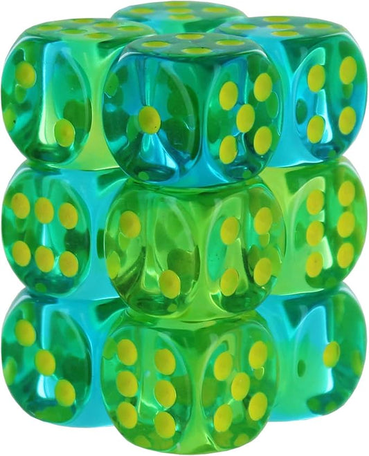 Gemini Dice Block | Set of 12 Size D6 Dice | Designed for Board Games, Roleplaying Games & Miniature Games | Premium Quality 16 mm | Translucent Green-Teal Yellow Color | Made by Chessex