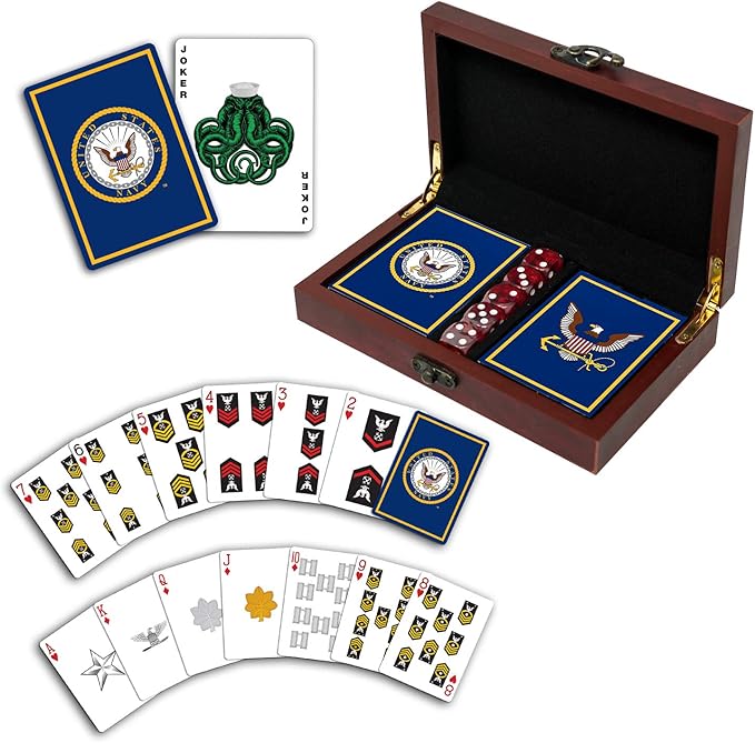 US Navy Gift Set Playing Cards & Dice | Navy Rank Insignia Cards | Navy Sailor Gifts | Disabled Veteran Owned Business | Navy Card & Dice Set