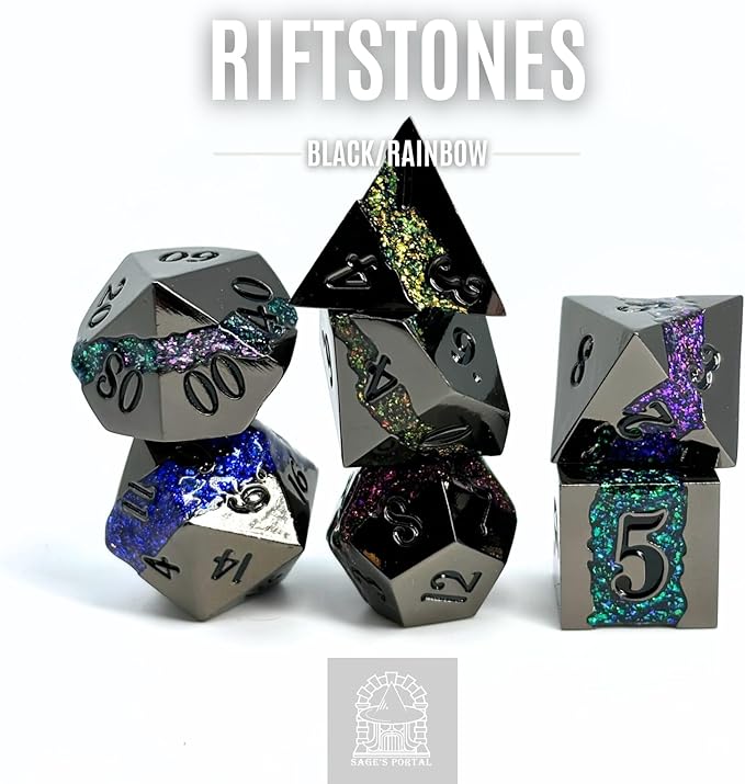 Sage's Portal Metal Riftstone DND Dice 7-PC Polyhedral Dice Set for DND TTRPG Dungeons and Dragons Pathfinder Oversized Designer Dice (Gloss Black/Rainbow)