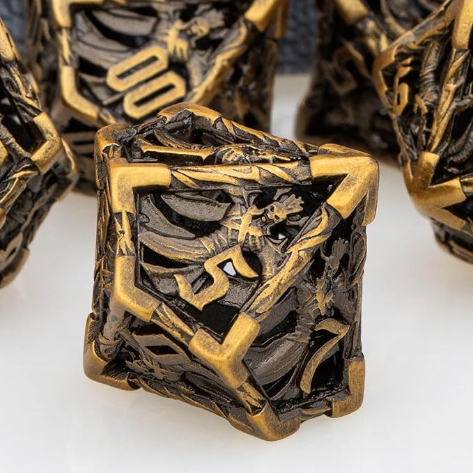 Hollow DND Dice Set Metal Wizard Dice with Box, 7pcs Ancient Gold Polyhedral D and D Dice for use with D&D RPG Tabletop Games Role Playing Game