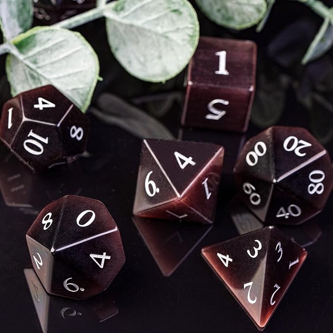 UDIXI Natural Gemstone Dice Set, 7PCS Crystal DND Dice for Dungeons and Dragons, Handmade Stone Dice for Table Games (Purple Cat's Eye)