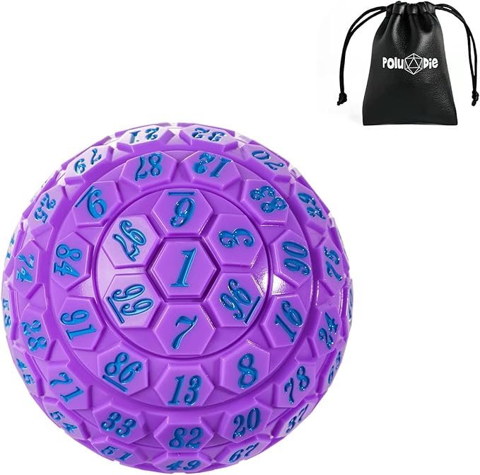 100 Sided Polyhedral Dice, Single D100 Game Dice, 100 Sided Cube with Black Pouch, D100 die 48 mm (Purple with Blue Number)