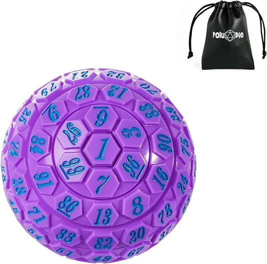 100 Sided Polyhedral Dice, Single D100 Game Dice, 100 Sided Cube with Black Pouch, D100 die 48 mm (Purple with Blue Number)
