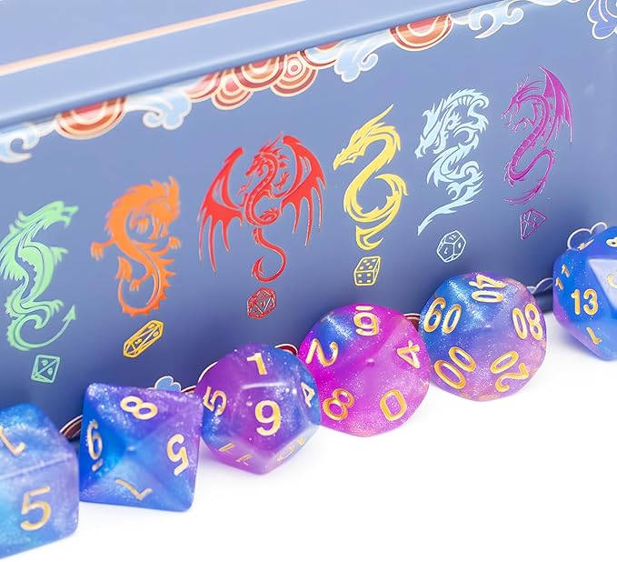 DND Dice Set with Dragon Totem Metal Gife Case, Dungeons and Dragons Dice Set,Polyhedral Dice Set Filled with Shiny Glitters,Role Playing Games and Tabletop Games (Deep Blue&Pink)