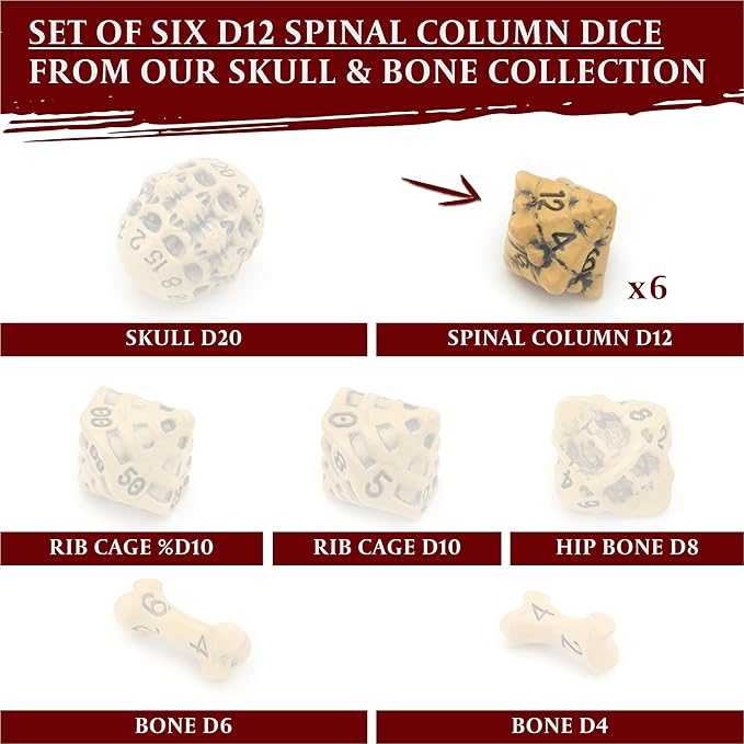 D12 Dice Set - Set of Six 12 Sided Dice - Skull & Bone Themed RPG Dice. Cool & Unique Gift and Compatible with Dungeons & Dragons (DND), D&D, Pathfinder, D and D (Ancient Bone Yellow)