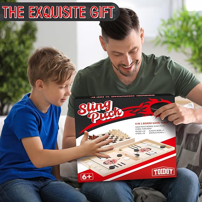 4 in 1 Fast Foldable Slingshot Puck Game with Chess Board and Checkers Board, Tic Tac Toe, Wooden Air Hockey for Family Night, Table Games for Adults and Kids