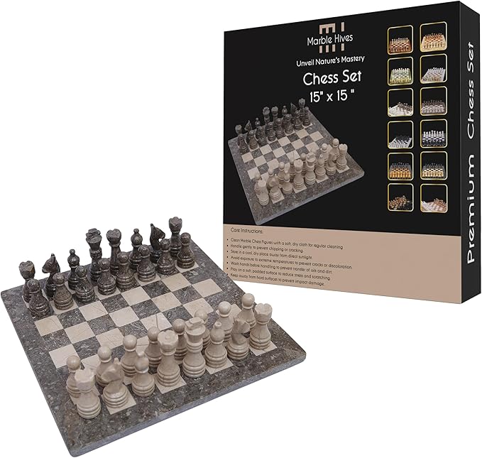15 Inch Luxury Chess Set Classic Chess Boards for Adults with Handcrafted Stone Board & Marble Chess Pieces Ideal for Home Decor (Oceanic & Virona)