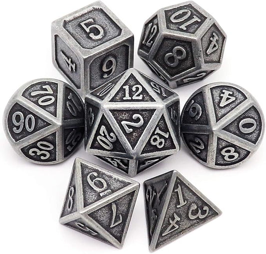 Haxtec Antique Iron Metal DND Dice Set Silver D&D Polyhedral Dice W/PU Leather Dice Bag for Dungeons and Dragons Gift TTRPG