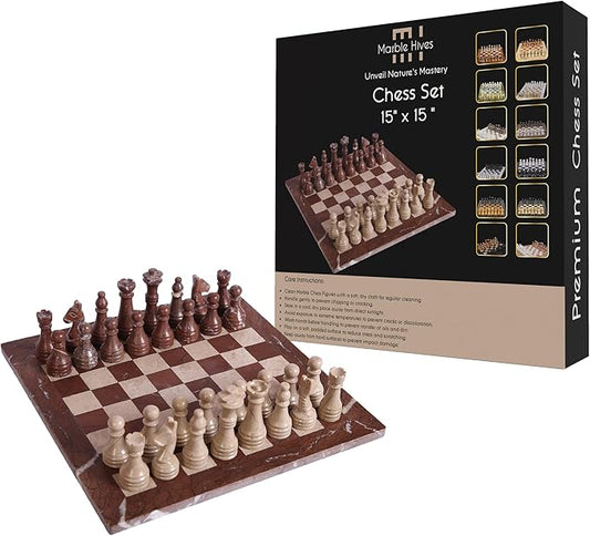 15 Inch Luxury Chess Set Classic Chess Boards for Adults with Handcrafted Stone Board & Marble Chess Pieces Ideal for Home Decor (Marina & Virona)