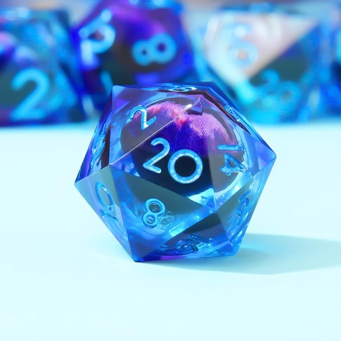 Single Liquid core D20 DND Dice-22MM Dargon Eye 20 sideds Resin Sharp Edged Resin Dice for Dungeons and Dragons, RPG, Polyhedral Roleplaying Games MTG Table Games(Blue Purple)