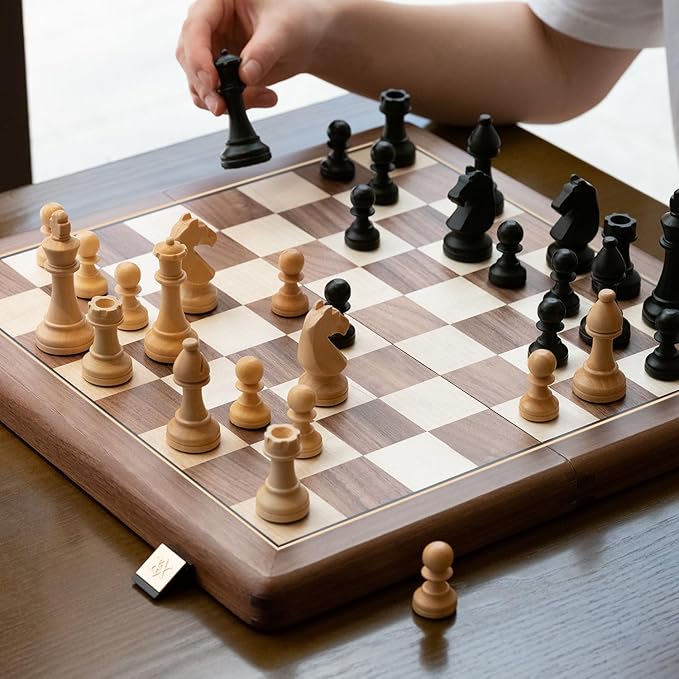 A&A Premium Natural Walnut Folding Chess Board Game Set, 15" Wooden Chess Board & 3" King Height Staunton Chess Pieces with 2 Extra Queens, Portable Travel Chess Set with Storage Bag for Adults & Kids