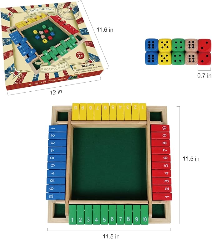 GOTHINK Shut The Box Dice Game, 2-4 Player 11.5-inch Wooden Board Table Math Game with 10 Dices - Math & Decision Skills for Adults/Kids, Perfect for Home Class Parties & Pubs - Classic Tabletop Fun