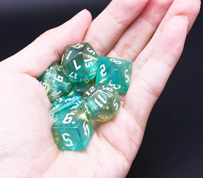 DND Dice Set with Dragon Totem Metal Gife Case, Dungeons and Dragons Dice Set,Polyhedral Dice Set Filled with Shiny Glitters,Role Playing Games and Tabletop Games (Green&Yellow)