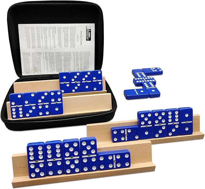 Dominoes Set for Adults with 4 Wooden Racks/Trays, Double Six Travel Portable Case 6 Tiles Holders, 28 Dominos Family Board Games - Blue