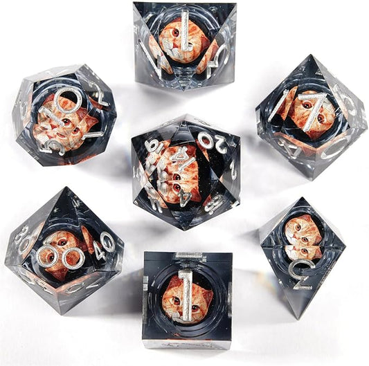 Resin Cat Head DND Dice, Sharp Edge Dungeons and Dragons Polyhedron Game Dice Set for Role Playing Games RPG Explorer Magic, Holiday Birthday Gifts Party Gifts