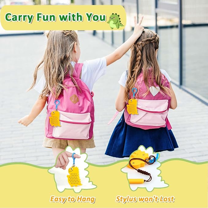 Magnetic Drawing Board for Kids Toddlers with Beads and Magnet Stylus Pen - Keychains Magnetic Dot Art Airplane & Car Ride Road Trip Activities Travel Toys for Kids (Yellow Dinosaur)