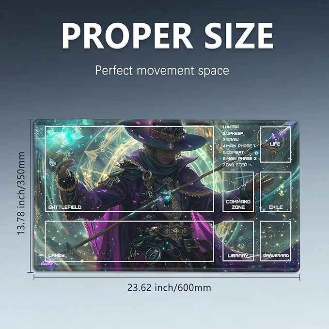 MTG Playmat Size 23.6x13.8in with Storage Bags Portable Playmat TCG and Board Game Mat for Cards Rubber Base Slip-Resistant Mousepad Desk Mat (Mystic,with Zone)