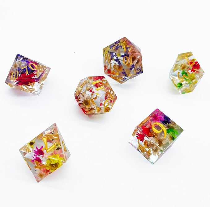 Futhark Flower Rain DND Dice: Polyhedral Resin Dice for Dungeons & Dragons, RPGs, and Board Games – 7 Piece Sharp Edge DND Dice Set with Case