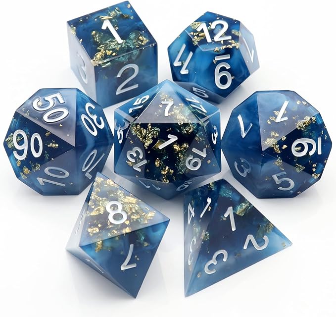Haxtec Sharp Edge Dice Blue DND Dice Set Resin Dice with Dice Case Polyhedral D&D Dice for TTRPGs Dungeons and Dragons DND Gift-Dark Blue White Gold Foil