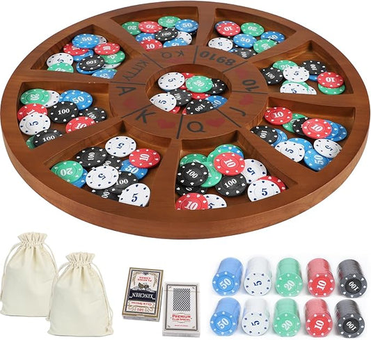 Michigan Rummy Game Luxury Set Royal Hearts Rummy Poker Wooden Tripley Board Game Bravado Game Classic Family Card Game 100 Chips 2 Playing Cards(Large Circular Shape, Walnut Color)