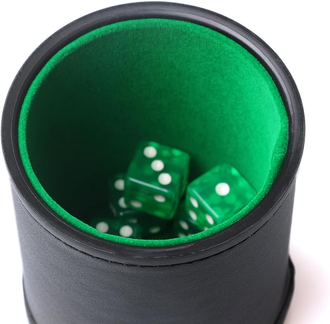 Faux Leather Dice Cup Set, Soft Velvet Interior Dice Cup Shaker Quiet with 6 Green Translucent Dice for Liars Dice/Farkle/Yahtzee Games, 1 Pack