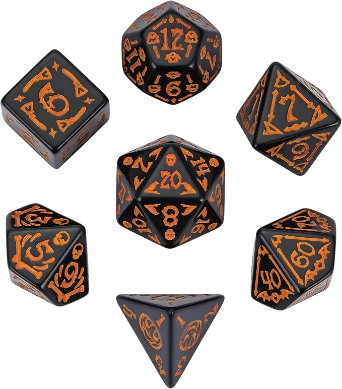 7-Die DND Dice Set Halloween Pattern Polyhedral Dice Set with Leather Bag, Skull Dice D&D Dice Set for Dungeons and Dragons RPG Table Games (Halloween Pattern-Black)
