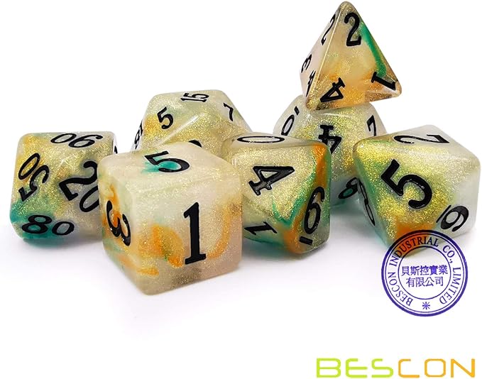 Bescon Magical Stone Dice Set Series, 7pcs Polyhedral RPG Dice Set Gold Ore, Polybag Packing