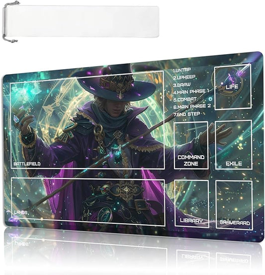 MTG Playmat Size 23.6x13.8in with Storage Bags Portable Playmat TCG and Board Game Mat for Cards Rubber Base Slip-Resistant Mousepad Desk Mat (Mystic,with Zone)