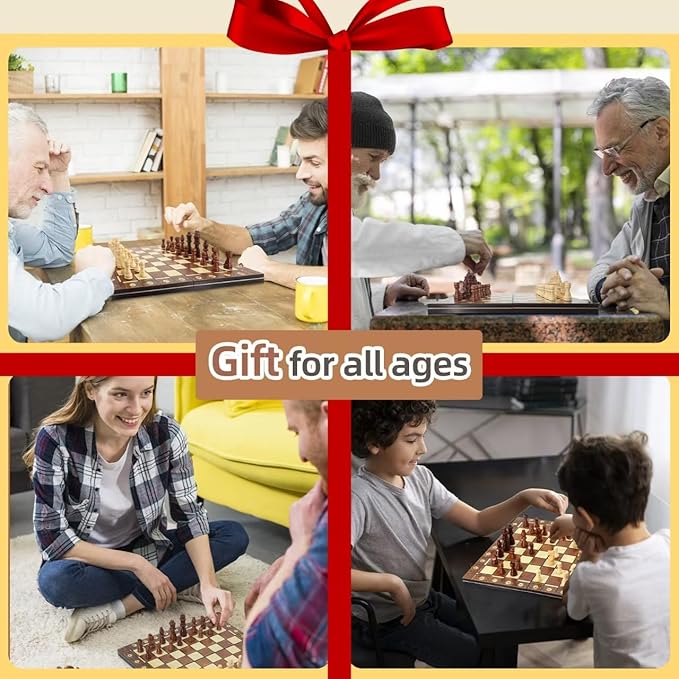 15.4" 3-in-1 Magnetic Chess, Checkers, and Backgammon Set - Extra Queens - Wooden portable and foldable Board game, Travel Game Set for Adults, Kids and Elder - Gift for parents and children