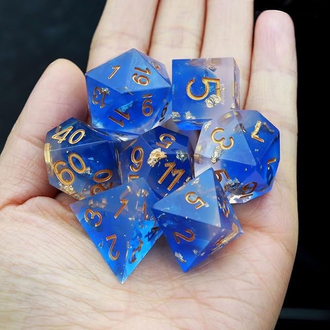 Haxtec Blue D&D Dice Set - Sharp Edge Resin Dice with Gold Flakes, Case for RPG Role Playing Games, Dungeons and Dragons Gift