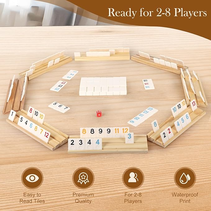 8 Players Rummy Game Set, 214 Melamine Tiles, 8 Wooden Racks, Drawstring Bag, Premium Portable Case, Tile Board Games for Adults, Travel, Birthday Gifts for Men Women Dad Mom