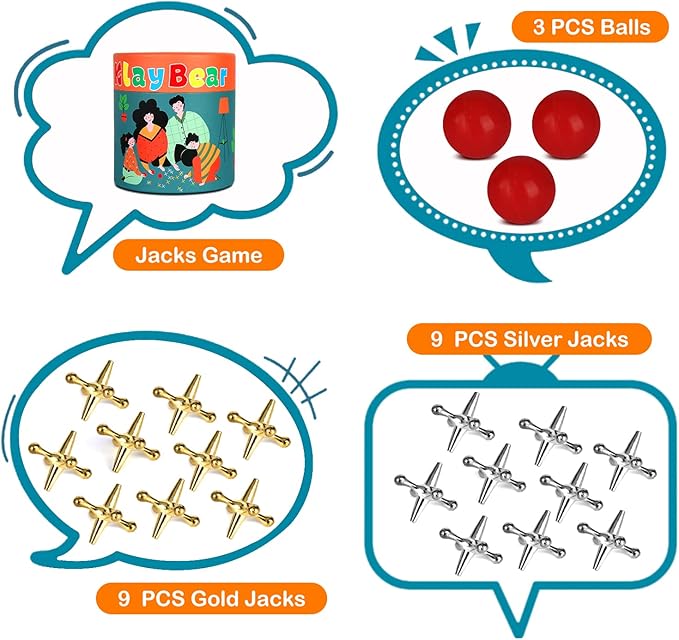 Jacks Game with Ball, Retro Vintage Jax Game for Kids and Adults, Classic Board Games with 18 Metal Jacks & 3 Red Rubber Balls, Old Fashion Traditional Table Games for Family Game Night