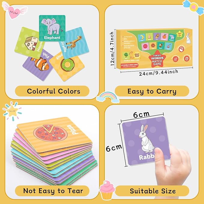First Words Flashcards-Memory Game, Memory Games for Kids Ages 4-8 & Matching Games for Toddlers 3-5, 60 PCS Phonics Games Flash Cards, Memory Card Game Speech Therapy Materials for Boys & Girls