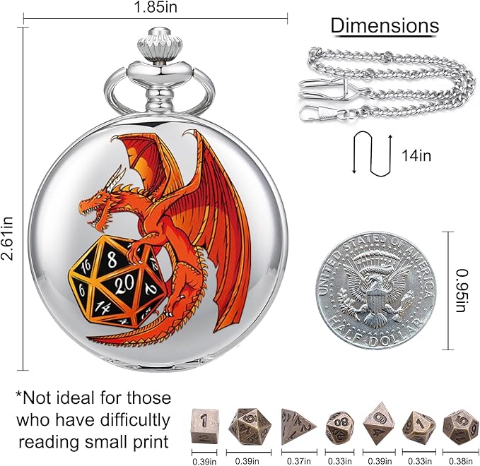 DND Pocket Watch Micro Polyhedral Dice Set Pocket Watch Shell for Dungeons and Dragons DND Dice Tabletop RPG and Board Games Gifts Silver Red
