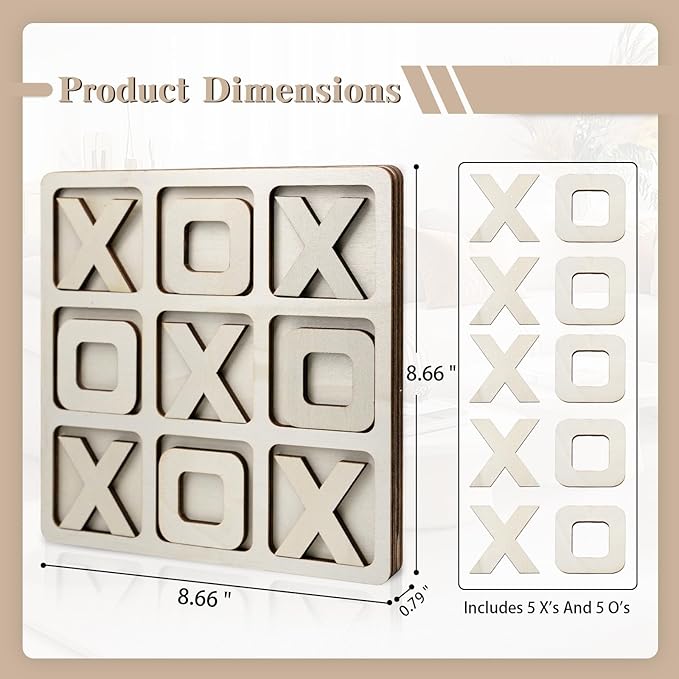 JEVERGN 8.66 Inches Tic Tac Toe Game with Stand, Wooden Tic Tac Toe Board Game Decor, Rustic Coffee Table Game, Two Ways to Play