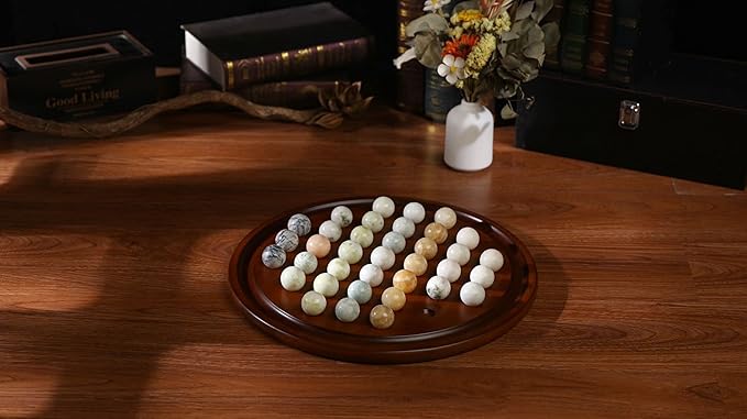 Arolly 15.7 Inch Handcrafted Solitaire Board Game Set with 36 Natural Assorted Marbles Mahogany Wooden Finish Authentic Handmade Boards for Adults on Any Occasion