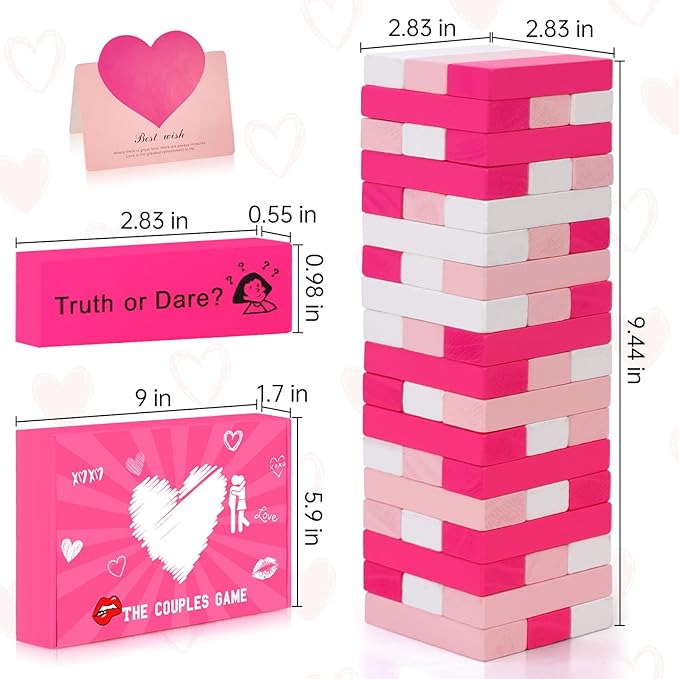 54 Pink & White Wooden Blocks with 6 DIY Challenges, Romantic Stacking Tower for Couples Game Date Night, Valentine Wedding