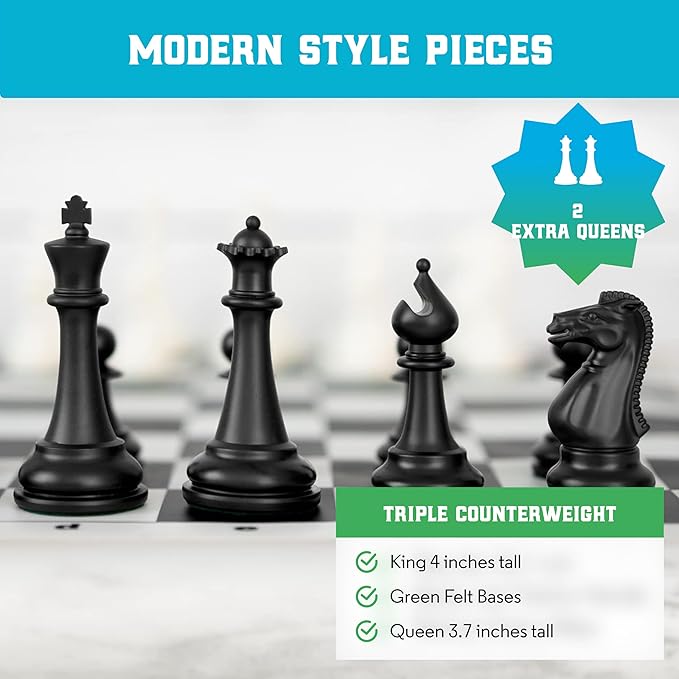Best Chess Set Ever 3X Triple Weighted Tournament Size Chess Game (4" King) Large Staunton Modern Pieces, 20x20 Big Double-Sided, Roll Up Silicone Mat, Professional Chess Board Set for Adults & Kids