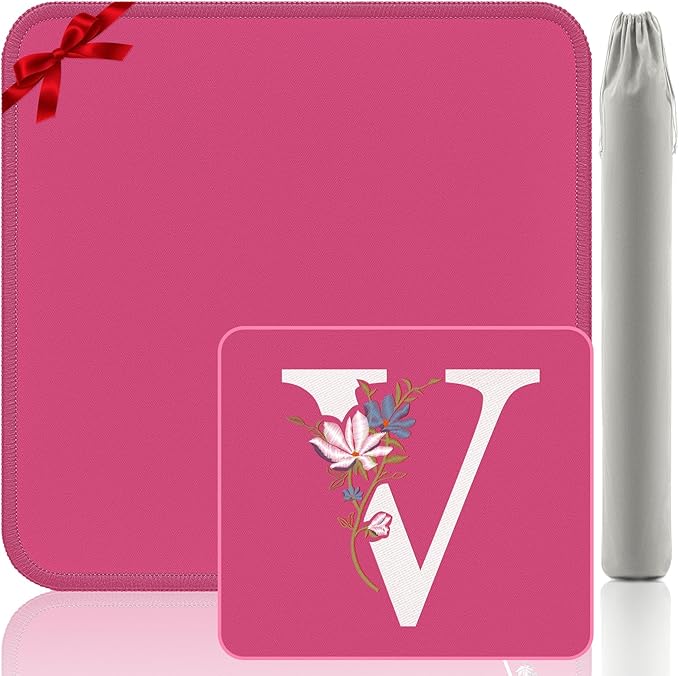 Mahjong Mat | Neoprene Anti-Slip Noise Reduction, Simple Design & Embroidery | 32.4x32.4 Inch Pink | Perfect for Mahjong, Board Games & Tile Games | Elegant Gift(Custom V Letter)
