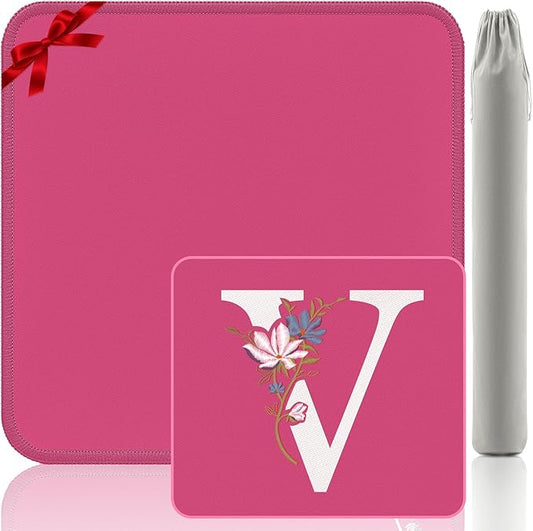 Mahjong Mat | Neoprene Anti-Slip Noise Reduction, Simple Design & Embroidery | 32.4x32.4 Inch Pink | Perfect for Mahjong, Board Games & Tile Games | Elegant Gift(Custom V Letter)