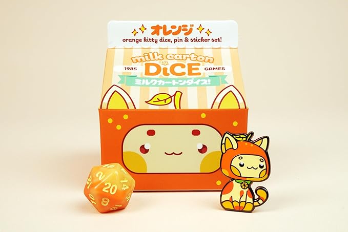 1985 Games Orange Kawaii Cat Dice Set – Milk Carton-Inspired Dice for DND | TTRPGs & Tabletop Roleplaying