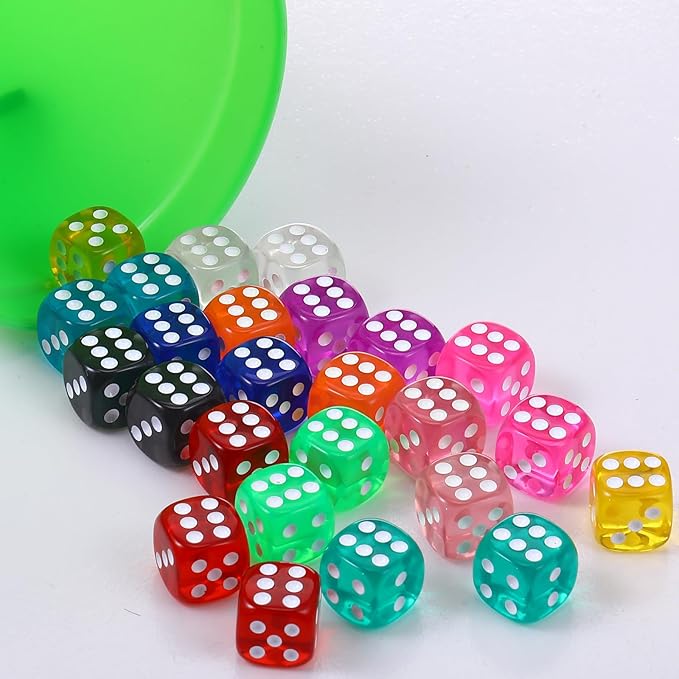 TecUnite 25 Pieces Colored Dice 6 Sided Dice Set, 6 Sided Standard Dices with Black Drawstring Storage Bag for Board Games, Parties, Math Learning, Classroom(Rainbow Color,6 Sides)
