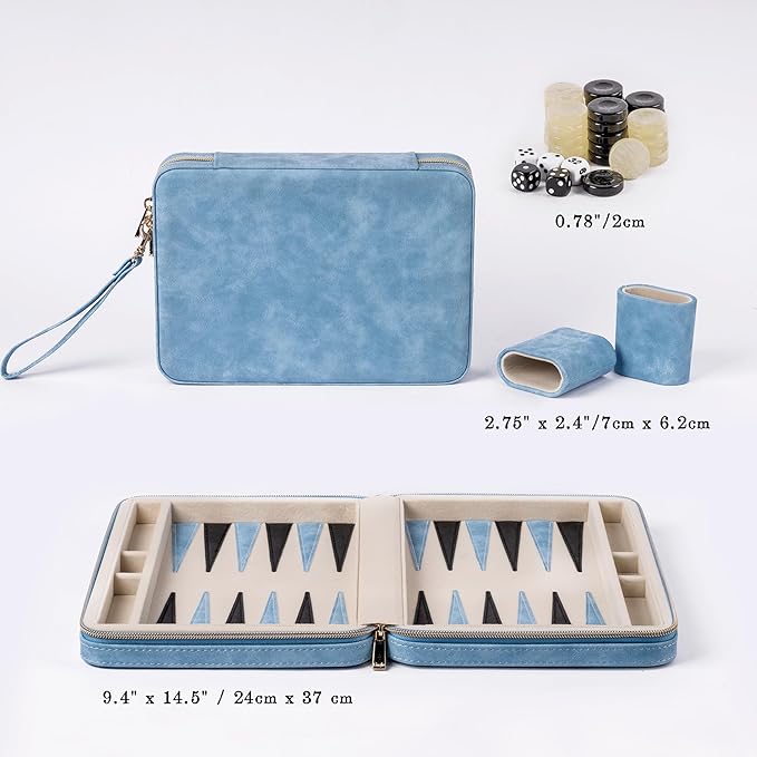 Backgammon Sets for Adults, Classic Board Game with Folding Leather Backgammon Case, Portable Travel Backgammon Game Set (Blue)