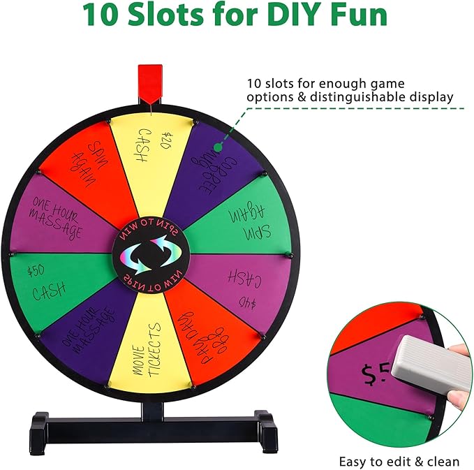 WinSpin 15" Prize Wheel 10 Slots Heavy Duty Editable Tabletop Spinning Wheel with Dry Erase Marker & Eraser for Fortune Game Tradeshow and Carnival, Classic Series