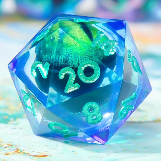 Single Liquid core D20 DND Dice-22MM Dargon Eye 20 sideds Resin Sharp Edged Resin Dice for Dungeons and Dragons, RPG, Polyhedral Roleplaying Games MTG Table Games(Green Purple)