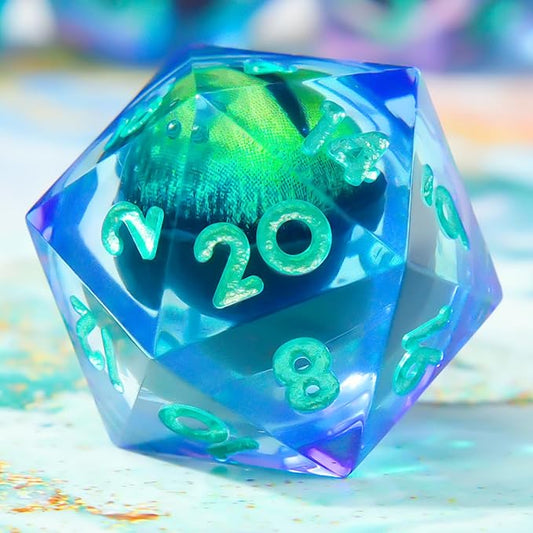 Single Liquid core D20 DND Dice-22MM Dargon Eye 20 sideds Resin Sharp Edged Resin Dice for Dungeons and Dragons, RPG, Polyhedral Roleplaying Games MTG Table Games(Green Purple)