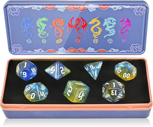 DND Dice Set with Dragon Totem Metal Gife Case, Dungeons and Dragons Dice Set,Polyhedral Dice Set Filled with Shiny Glitters,Role Playing Games and Tabletop Games (Blue&Yellow)