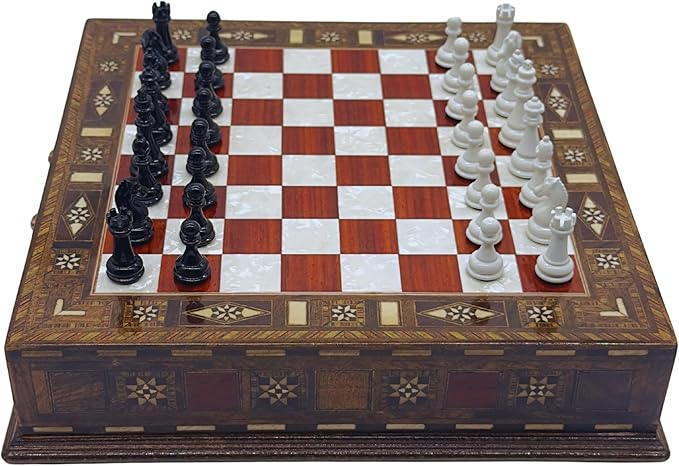 12.6’’ Handmade Walnut Chess Set with Zamak Metal Pieces, Wooden Chess Set with Storage, Birthday Gift for Him, Handmade Chess Gift, for Him (Black-White Pieces)