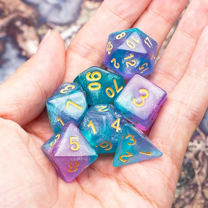 DND Dice Set with Dragon Totem Metal Gife Case, Dungeons and Dragons Dice Set,Polyhedral Dice Set Filled with Shiny Glitters,Role Playing Games and Tabletop Games (Blue&Pink)
