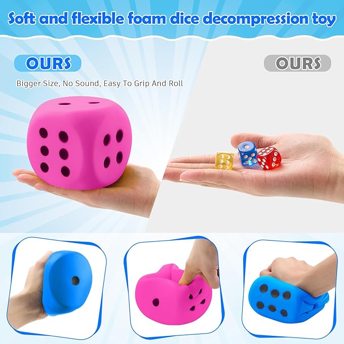 Zomiboo 2 Pcs Large Foam Dice Stress Balls Soft Jumbo 6 Sided Giant Dice Educational Learning Squeeze Anxiety Relieve Toy Gifts for Adults Kids Board Game Classroom(Pink, Blue,3.93 Inch)